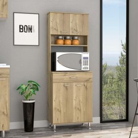 Pantry Cabinet 67" H, Four Doors, One Drawer, Three Internal Shelves, 2 External Storage Shelves, Microwave Storage Option, Four Legs, Light Oak