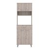 Pantry Cabinet 67" H, Four Doors, One Drawer, Three Internal Shelves, 2 External Storage Shelves, Microwave Storage Option, Four Legs, Light Gray