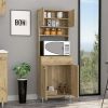 Pantry Cabinet 67" H, Four Doors, One Drawer, Three Internal Shelves, 2 External Storage Shelves, Microwave Storage Option, Four Legs, Light Oak