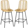HOMCOM Rattan Bar Stools Set of 2, 26" Counter Height Barstools, Boho Kitchen Island Stools with Breathable Wicker Seat and Back, Yellow