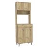Pantry Cabinet 67" H, Four Doors, One Drawer, Three Internal Shelves, 2 External Storage Shelves, Microwave Storage Option, Four Legs, Light Oak