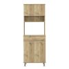 Pantry Cabinet 67" H, Four Doors, One Drawer, Three Internal Shelves, 2 External Storage Shelves, Microwave Storage Option, Four Legs, Light Oak